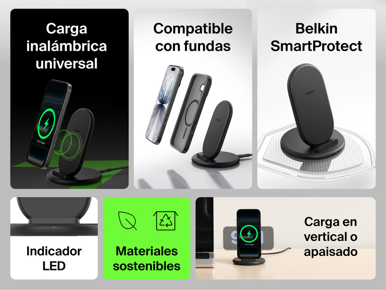 Belkin BoostCharge Wireless Charging Stand 15W shown with key features including universal wireless charging, case compatibility, SmartProtect technology, LED indicator, sustainable materials, and 15W fast charging.